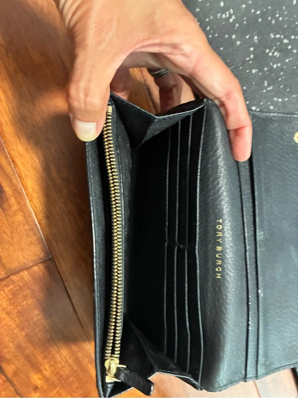 Tory Burch Black Leather Long Wallet with Gold Logo